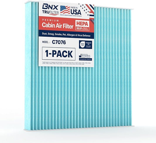 BNX TruFilter C7076 Cabin Air Filter, HEPA 99.97%, MADE IN USA, Compatible With Cadillac: Escalade; Chevrolet: Silverado, Suburban, Tahoe; GMC: Sierra, Yukon, Yukon XL