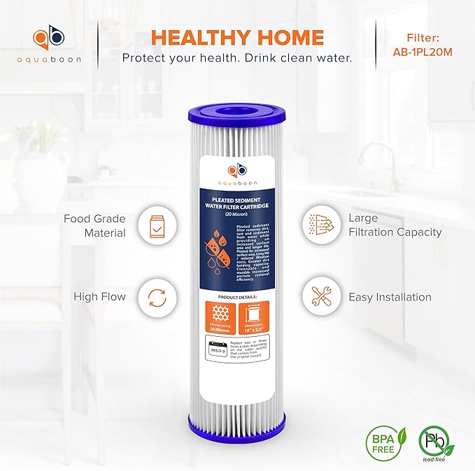 Aquaboon 20 Micron Pleated Sediment Filter Cartridge 10" x 2.5" Whole House Water Filter Replacement Compatible with WFPFC3002, WHKF-WHPL, 6-Pack