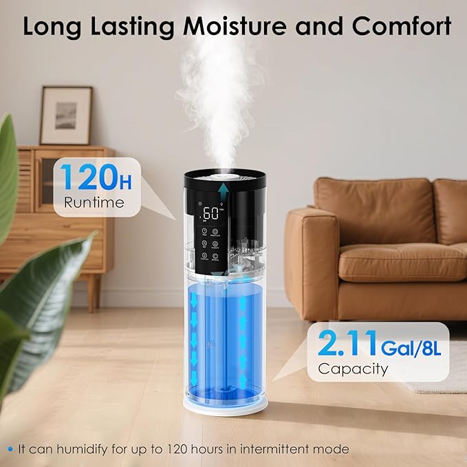 Humidifiers for Bedroom - GloryAir 2.11Gal (8L) Quiet Top Fill Cool Mist Humidifier Large Room 550 ft² 120H Runtime with Humidistat, Auto Mode Diffuser 7-Color Light for Plants Baby Adults Office Home