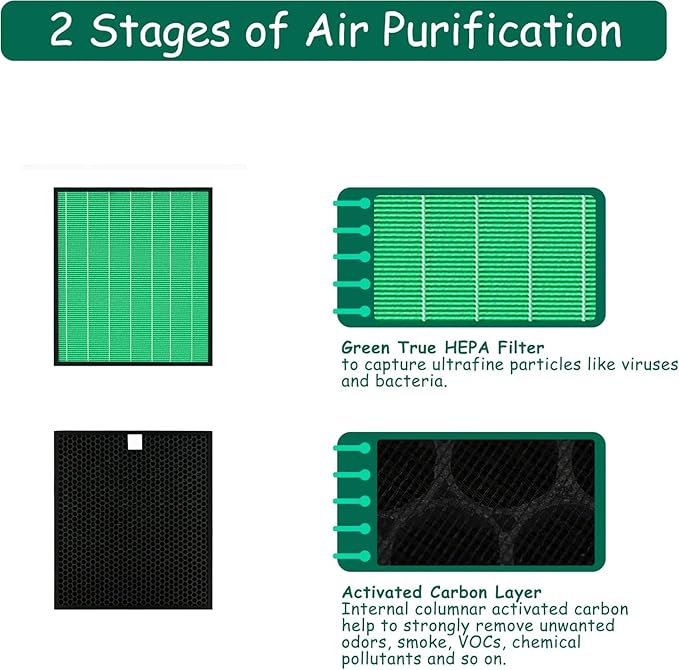 Airmega 250/250S Filter Replacement, Compatible with Coway Airmega 250S and Coway Airmega 250 Air Purifier, Max 2 Green True HEPA and Active Carbon Filter, 2 Pack