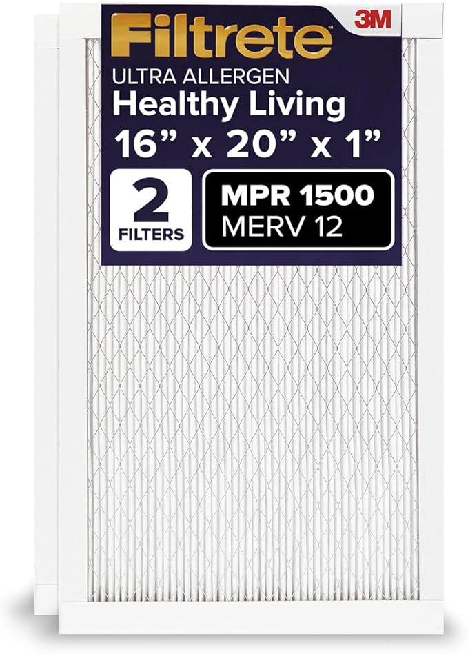 Filtrete 16x20x1 AC Furnace Air Filter, MERV 12, MPR 1500, CERTIFIED asthma & allergy friendly, 3 Month Pleated 1-Inch Electrostatic Air Cleaning Filter, 2-Pack (Actual Size 15.69x19.81x0.78 in)