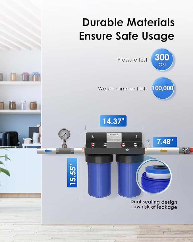 Waterdrop Whole House Water Filter System, with Carbon Filter and Sediment Filter, 5-Stage Filtration, Highly Reduce Lead, Chlorine, Odor and Taste, 2-Stage 5 Micron WD-WHF21-PG, 1" Inlet/Outlet