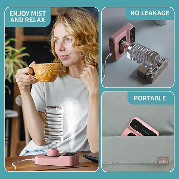 Portable Humidifiers for Travel, Small Mini Humidifier with Auto Shut-Off, Nightlight and Storage Bag for Hotel, Bedroom or Office, Plant Humidifier Indoor, Pink