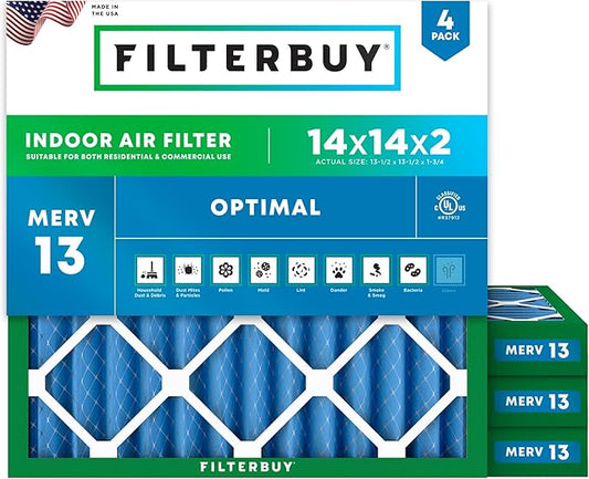 Filterbuy 14x14x2 Air Filter MERV 13 (MPR 1900) Health Defense Replacement (4-Pack), Electrostatic Pleated HVAC AC Furnace Filters, Made in USA (Actual Size: 13.50 x 13.50 x 1.75)