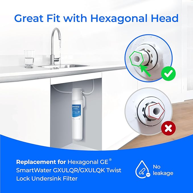 Waterdrop FQK1R, GXULQR Under Sink Replacement Filter, NSF/ANSI 42 372 Certified, Replacement for Hexagonal Head GE SmartWater GXULQR, GXULQK and GXK140TNN, 2K Gallons, 2 Filters