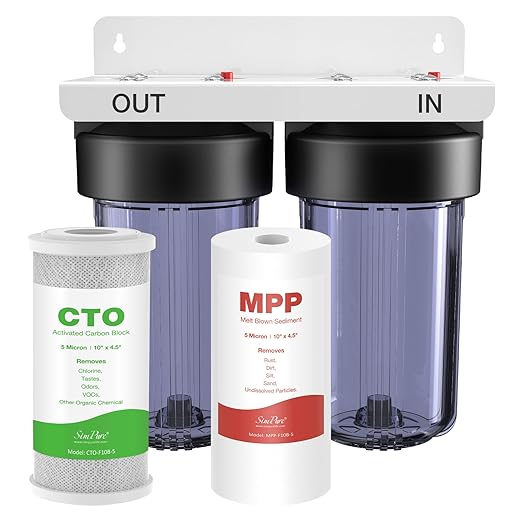 SimPure Whole House Water Filter System, 2 Stages Clear Home Water Pre-Filtration with Carbon and Sediment Filters, Reduce Odor, Chlorine, Taste, Iron, Lead, 1" NPT Brass Port, BPA Free(DB10C-2)