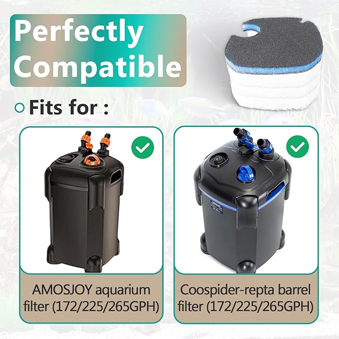 8 Pcs Replacement Canister Filter Pads for AMOSIJOY Coospider-repta 172/225/265GPH Aquarium External Strainer, Including 6 White Floss Pads, 2 Coarse Filter Pads with Activated Carbon