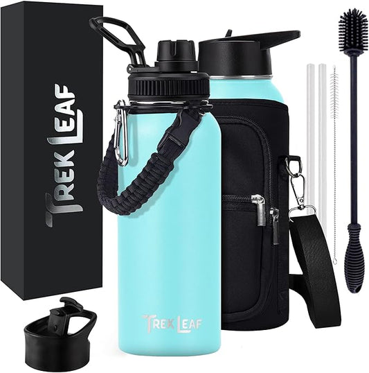 Travel Water Bottle with Carrying Bag, 3 Lids (Spout, Straw, Flip), and Bottle Brush; Leak Proof, Quality, Vacuum Insulated, Stainless Steel (Caribbean, 32 oz)