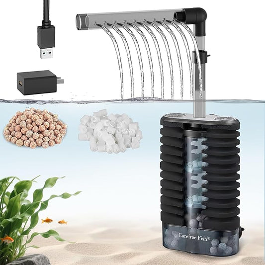 Carefree Fish Aquarium USB Sponge Filter Quiet for 20~60Gal Fish Tank for Saltwater and Freshwater with Biochemical Filtration Balls and Fluidized Beds