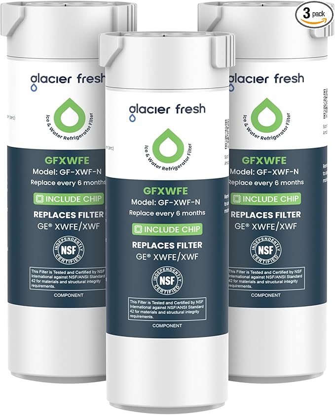 GLACIER FRESH Water Filter Compatible with XWFE (Built-in CHIP), Replacement for GE XWFE, XWF Refrigerator Water Filter NSF/ANSI 42 Certification Pack of 3