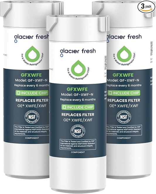 GLACIER FRESH Water Filter Compatible with XWFE (Built-in CHIP), Replacement for GE XWFE, XWF Refrigerator Water Filter NSF/ANSI 42 Certification Pack of 3