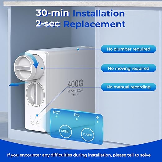 TOKIT Reverse Osmosis Water Filter, U1 Alkaline Mineral Under Sink Water Filter System, 400GPD Tankless RO Filtration with Faucet, NSF/ANSI 58, 2:1 Pure to Drain, Reduce TDS