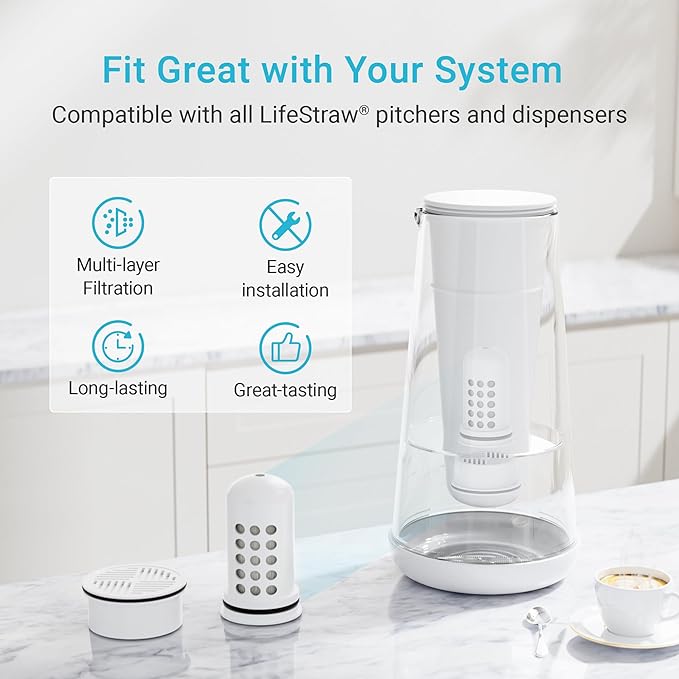 AQUA CREST Water Filter Compatible with LifeStraw® Home Pitcher and Dispenser Systems, Replacement for LifeStraw® Water Filter, Reduces Chlorine, 1 Membrane Micro Filter and 1 Activated Carbon Filter