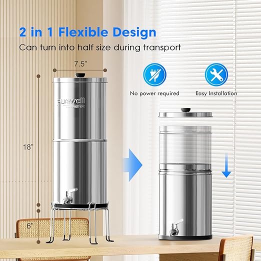 Purewell 1.5G Gravity Water Filter System, 3-Stage 0.01μm Ultra-Filtration Stainless Steel Countertop System with 2 Filters and Stand, Reduce 99% Chlorine, PW-MKS
