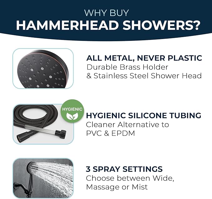 HammerHead Showers® Solid Metal 3-Spray Handheld Shower Head with Long Hose and Holder - OIL RUBBED BRONZE - 2.5 GPM High Pressure Shower Head with Handheld Sprayer - WIDE, MASSAGE, and MIST Sprays