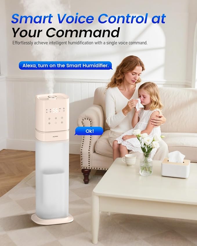 Smart Humidifier Large Room, 2.1Gal/8L Humidifiers for Bedroom with Extended Tube&Night Light, Whole House Cool Mist Humidifiers, WIFI App&Voice Control, School/Office/Warehouse, Pale Pink