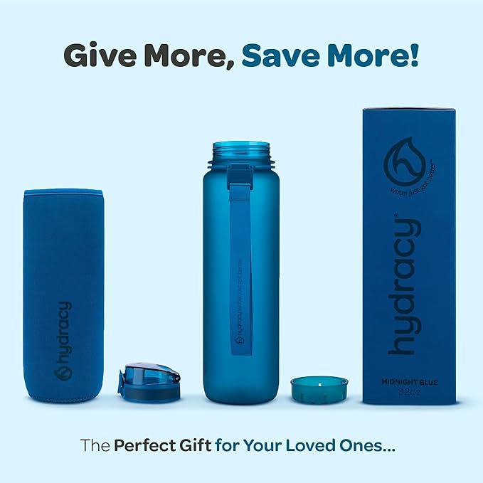 Hydracy Water Bottle with Time Marker -Large BPA Free Water Bottle & No Sweat Sleeve -Leak Proof Gym Bottle with Fruit Infuser Strainer & Times to Drink -Ideal for Fitness Sports & Outdoors