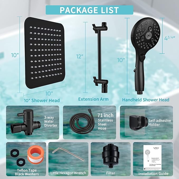 10'' Dual 20 Stage Filtered Shower Head with Handheld, 6 Spray Settings Handheld Shower Head High Pressure Rainfall Filter Combo with 12'' Adjustable Extension Arm, 71'' Shower Hose (Matte Black)