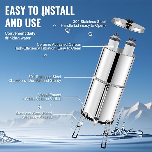 VEVOR Gravity-fed Water Filter System, 2.25G 304 Stainless-Steel Countertop Water Filtration System, Reduces Lead and up to 99% of Chlorine, with 2 Ceramic Carbon Filters, Water Level Spigot, Stand