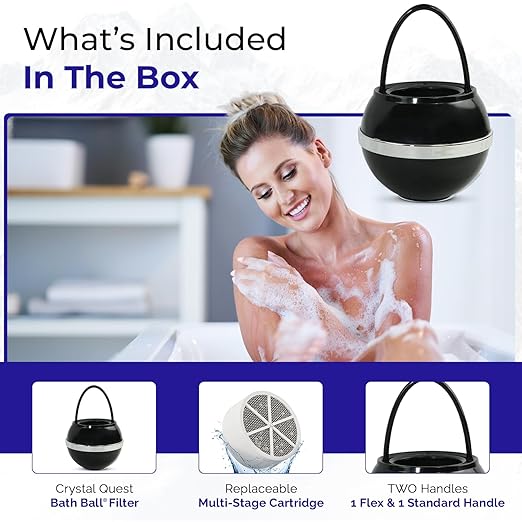 Crystal Quest Bath Ball Water Filter for Bathtub - 3-Stage Filtration, Removes Chlorine, Chloramine & Byproducts, 2,500 Gallons, BPA Free, pH Balanced Water, Fits Most Tubs, Easy Install - Black