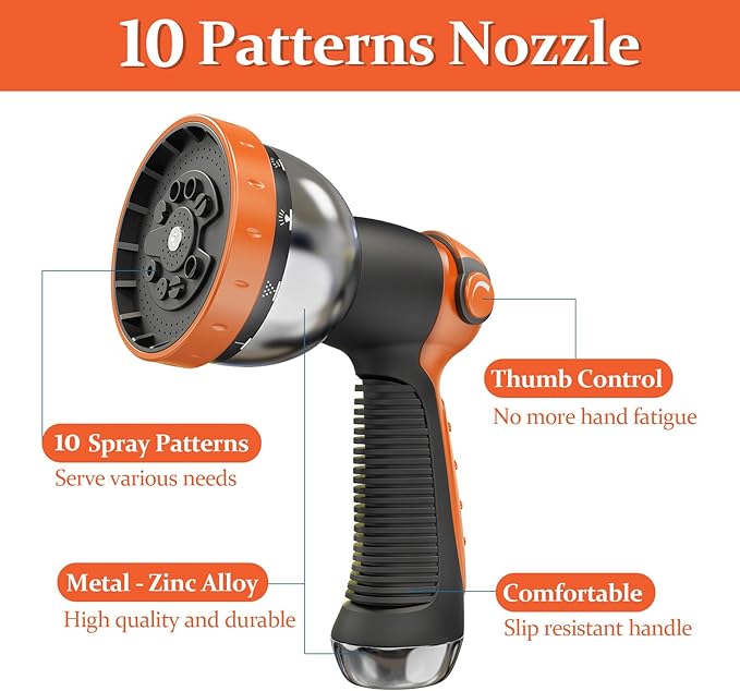 Garden Hose 25ft Made of TPE(Not PVC), with 10 Patterns Sprayer Nozzle, Flexible Water Hose with Swivel-Handle, Solid Brass Fittings, Non-Shrinking, Drinking Water Safe Material, All-weather