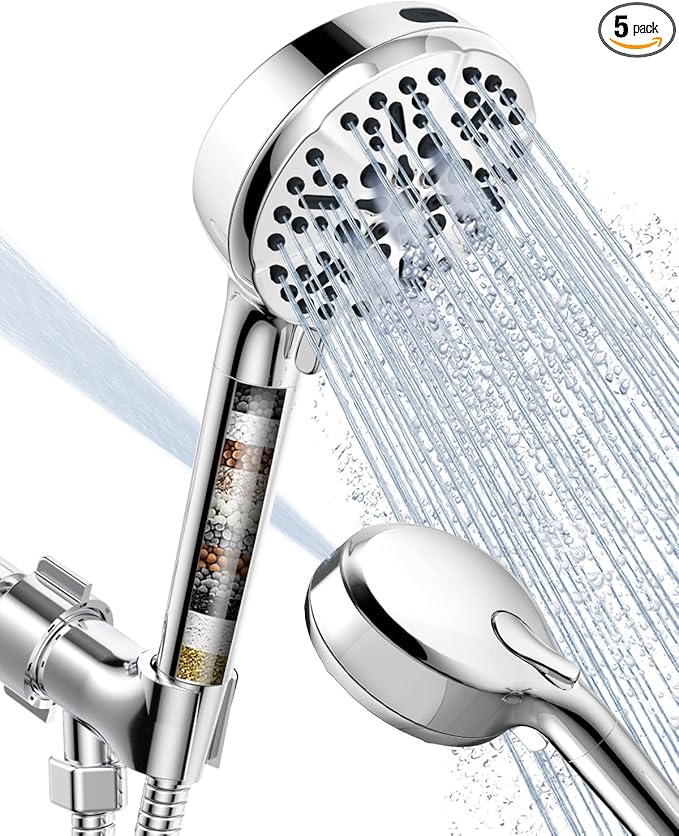 Filtered Shower Head with Handheld, BOWGER 6 Modes High Pressure Shower Heads with Power Wash Mode and Hard Water Filter, Detachable Hand Held Showerhead Set with Extra Long Hose, Chrome
