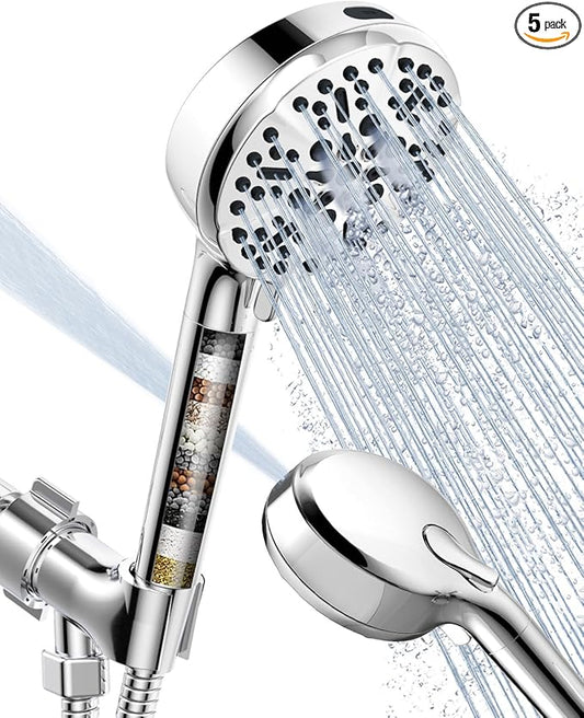 Filtered Shower Head with Handheld, BOWGER 6 Modes High Pressure Shower Heads with Power Wash Mode and Hard Water Filter, Detachable Hand Held Showerhead Set with Extra Long Hose, Chrome