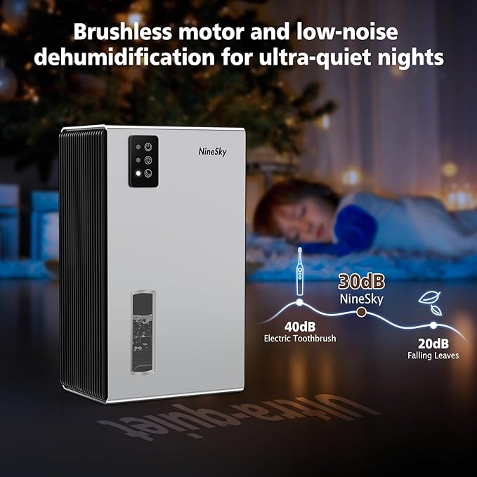 NineSky Dehumidifier for Home, 95 OZ Water Tank, (1000 sq.ft) Dehumidifiers for Bathroom Bedroom Basement with Auto Shut Off,7 Colors LED Light (Silver)