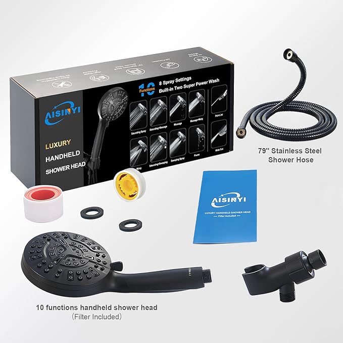 Filtered Shower Head with handheld, 10 Functions High Pressure showerhead with 79"Stainless Steel Shower Hose, Built-in 2 Power Wash, Replaceable Filter Design to Improve Water Quality (Matte Black)