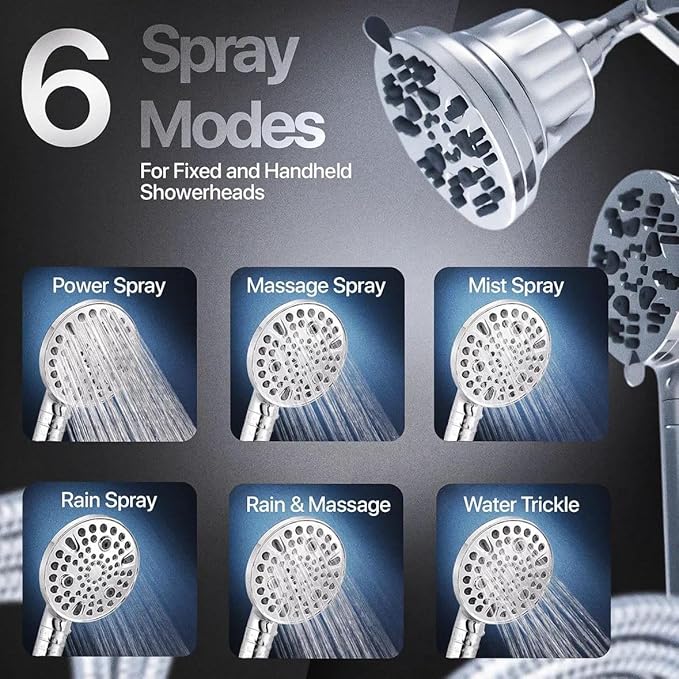 AQUAZEN® Dual Filtered Shower Head Combo | Rainfall + Handheld | 6 Spray Modes | High Pressure | Flexible Mount | Hard Water Filtration | 60" Hose | Chrome Finish