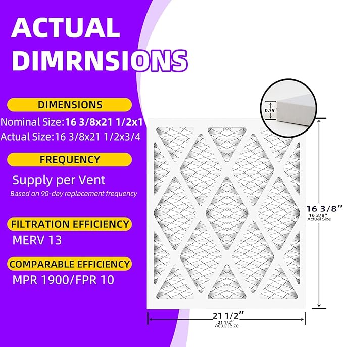 16 3/8x21 1/2x1 MERV 13 (6-Pack) Pleated Air Filter (Actual Size: 16 3/8"x21 1/2"x3/4") MPR 1900 & FPR 10, Furnace Air Filters