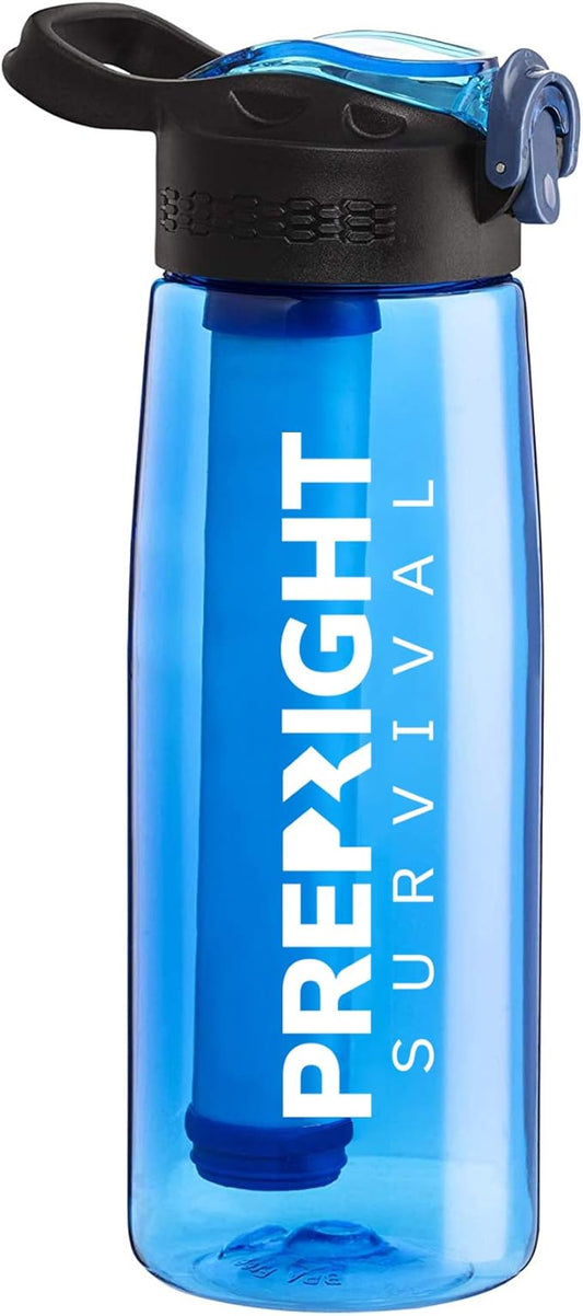 Survival – 4-Stage Water Filter Bottle, BPA-Free 22oz Camping Water Bottle with Built-In Compass, Travel and Emergency Preparedness Gear, Blue