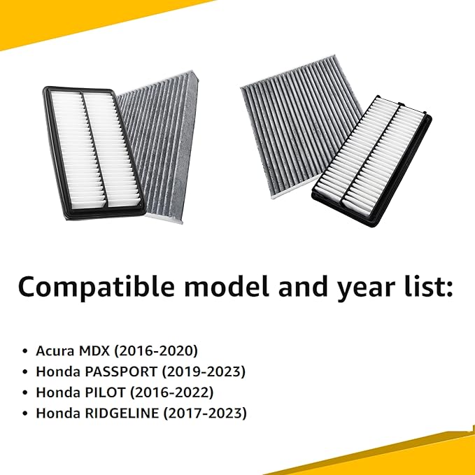 Engine & Cabin Air Filter For PASSPORT (2019-2023), PILOT (2016-2022), RIDGELINE (2017-2023), MDX (2016-2020), Replacement for CA12061, CF10134, 80292-SDA-A01