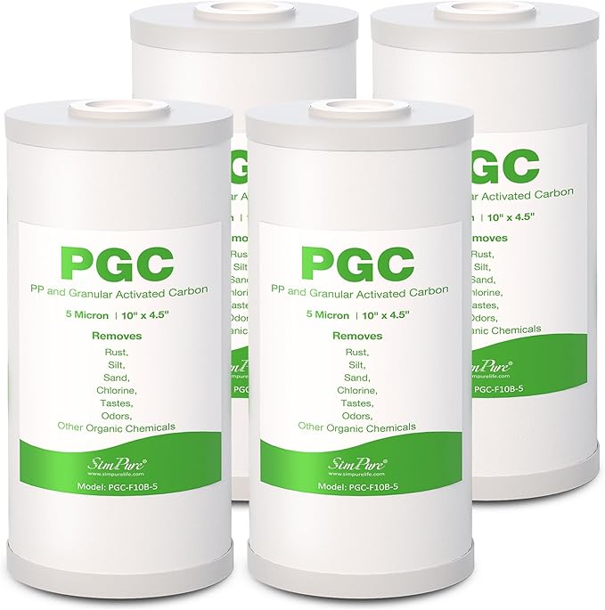 SimPure 10" x 4.5" Whole House Water Filter Cartridge, 5 Micron Carbon Sediment Replacement for DB10C, GE GXWH40L, FXHTC, WRC25HD, GNWH38S, RFC-BB, W10-PR, W10-BC, 4-Pack