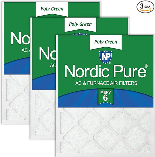 Nordic Pure 18x20x1 (Actual Size: 17 1/2 x 19 1/2 x 3/4) Poly Green MERV 6 AC Furnace Air Filters – Reduces Dust, Pollen, Pet Dander & Allergens – 3-Pack