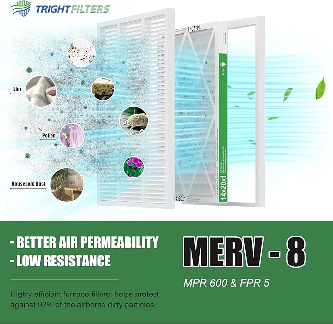 14x20x1 Air Filter 6 Pack, Durable MERV 8 Pleated Home HVAC AC Furnace Filters, Lightweight Compact Air Conditioner Filter Replacement