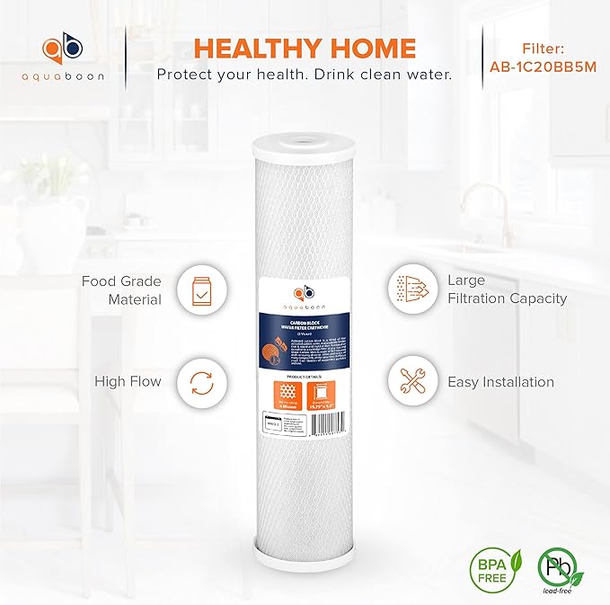 Aquaboon Carbon Water Filter Replacement - 5 Micron Water Filter 20 x 4.5 inch - Whole House CTO Carbon Block Water Filter Cartridge Compatible with FC25B, EPM-20BB, CB-BB-20, 155783-43, 4 Pack