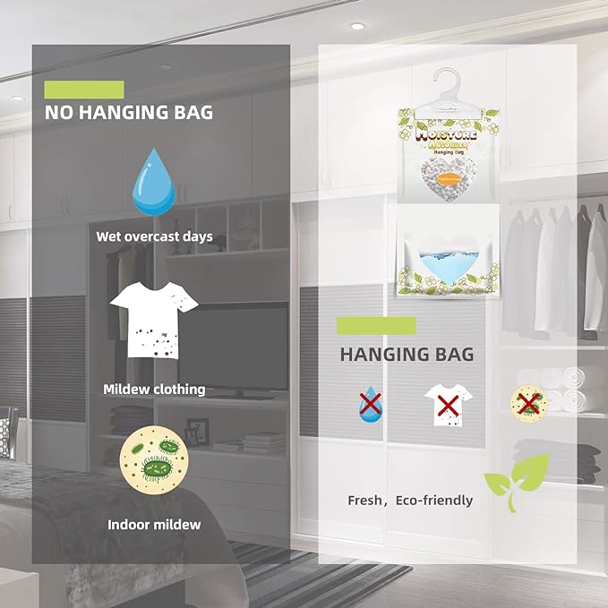 14 Pack Moisture Absorber Hanging Bags,220g/Pack Fagrance Free Moisture Bag,Hanging Closet Dehumidifier Bags for Basement Closet Storeroom