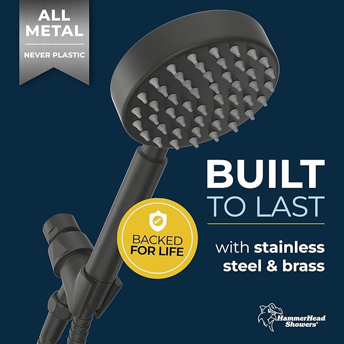 HammerHead Showers® Solid Metal LOW FLOW Handheld Shower Head with Hose and Brass Holder - MATTE BLACK – Water Saving 1.75 GPM Detachable Shower Head - Adjustable Shower Wand Bracket & 6ft Hose