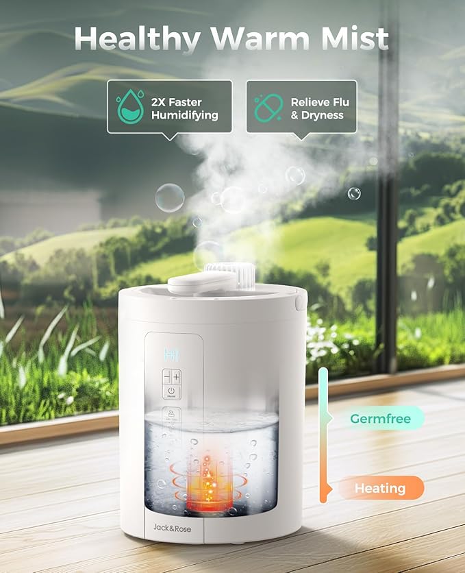 Healthy Warm Mist Humidifiers for Bedroom, 100oz Stainless Steel Humidifier Easy Clean, Steam Humidifier for Living Room, Whisper-Quiet and Filterless, with Sleep Mode and Timer, Auto-off Setting