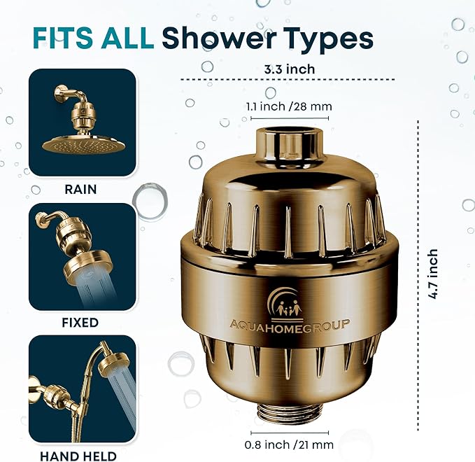 AquaHomeGroup 20 Stage Shower Filter for Hard Water - 2.5 GPM Universal Shower Head Filter for Chlorine, Fluoride, Heavy Metals - Vitamin C E Shower Water Filter for Hair and Skin (Golden)