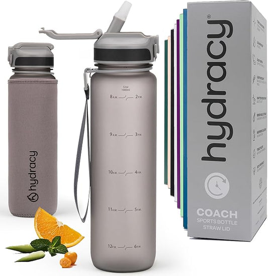 Hydracy Water Bottle with Time Marker -Large BPA Free Water Bottle & No Sweat Sleeve -Leak Proof Gym Bottle with Fruit Infuser Strainer & Times to Drink -Ideal for Fitness Sports & Outdoors
