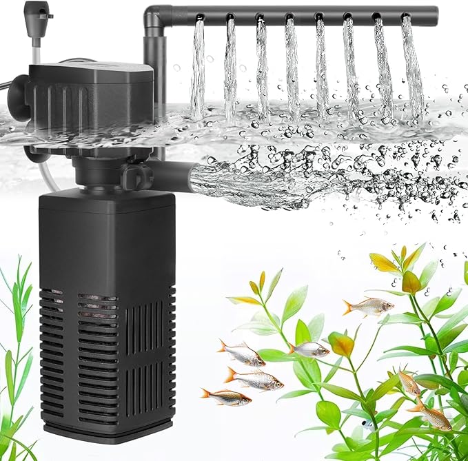 AQQA Aquarium Filter, 3-Stage Filtration, Adjustable Wave Maker & Oxygenator, Quiet 12W 115GPH Submersible Pump, Easy Clean Sponge Filter, for 30 Gallon Freshwater Saltwater Fish Tank 110V/60Hz