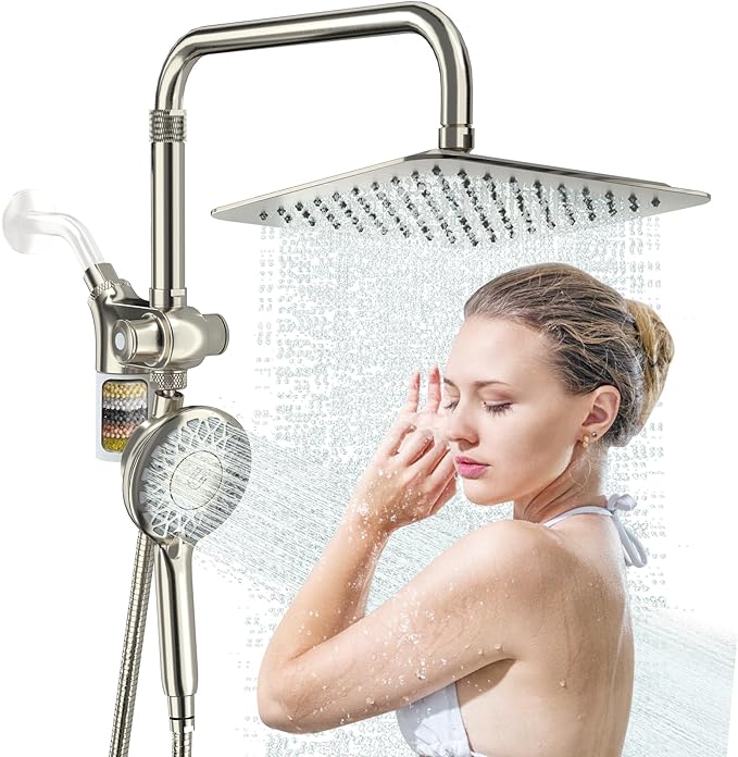 10" Rainfall Shower Heads with Handheld Spray Combo High Pressure, Magnetix Shower Head with Filters for Hard Water, 2 in 1 Dual Shower Head with Handheld and Slide Bar (Brushed Nickel)