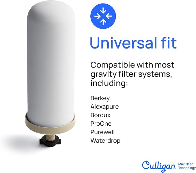Culligan MaxClear 7” Gravity Water Filter Replacement Compatible with Berkey Water Filter Systems, Ceramic & Carbon Gravity Filter NSF/ANSI Certified, Reduce Total PFAS, Microplastics & Lead, 1-Pack