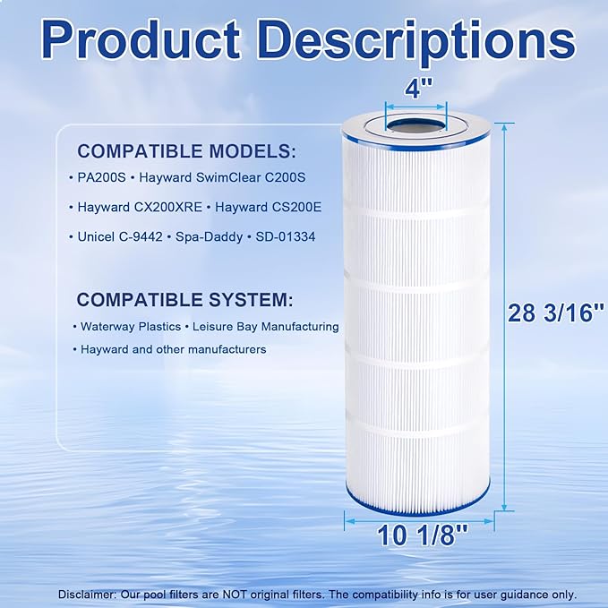 NSF Certified PA200S Pool Filter Compatible with Hayward SwimClear C200S, PA200S, Hayward CX200XRE, Unicel C-9442, Ultral-D5, 200 Sq. Ft, L x OD:28 3/16" x 10 1/8", 1-Pack
