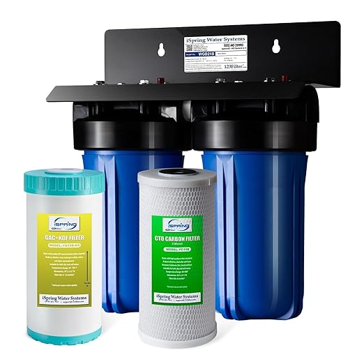 iSpring WGB21B-KS 2-Stage Whole House Water Filtration System with 10" x 4.5" Sediment CTO(Chlorine, Taste and Odor) Filter,KDF+GAC filter, Removes Chlorine, Iron, Lead, Odor and More, 1" Inlet/Outlet