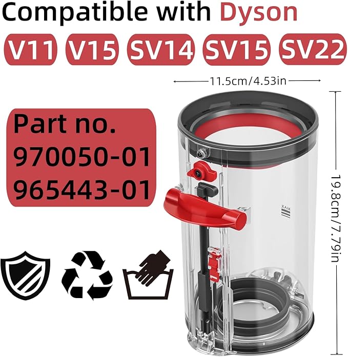 Canister Dust Bin and Filter Replacement Compatible With Dyson V11, V15, SV14, SV15, SV22 Vacuum Cleaners Bin Vacuum Dust Bucket HEPA Filter Attachments Part no. 970050-01/965443-01, NOT for Outsize