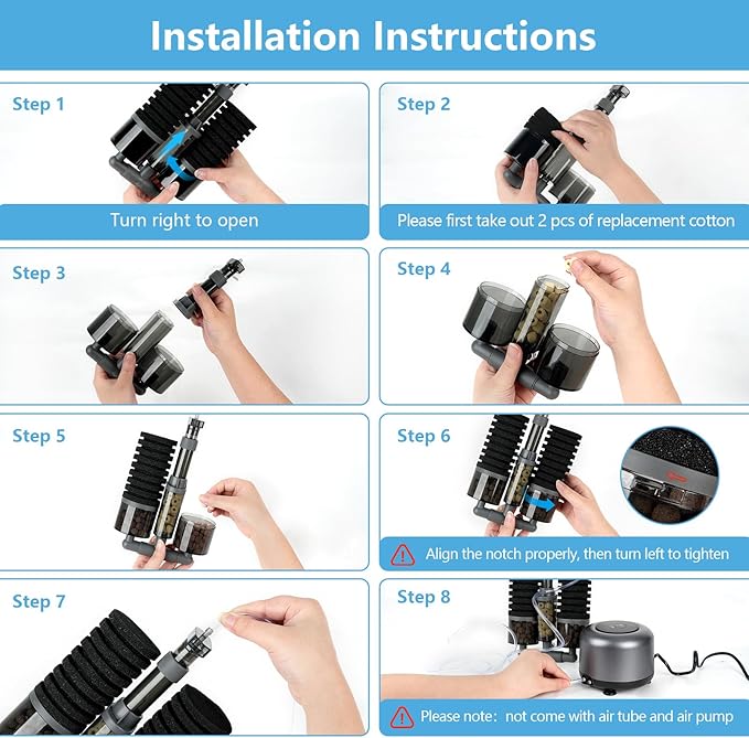 AQQA Aquarium Filter, Dual Sponge Fish Tank Filters（No Pump, Multi-Stage Filtration Clean Water, Adjustable 360°Water Outlet, Air-Driven Dissolved Oxygen,Suitable for Freshwater and Saltwater M