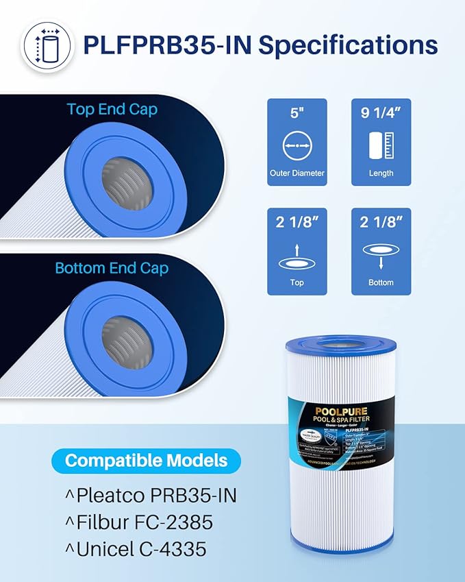 POOLPURE PRB35-IN Spa Filter Replaces Unicel C-4335, Guardian 409-219, Filbur FC-2385, 03FIL1300, 17-2482, 25393, 303557, 817-3501, R173431, 35 sq.ft, 5 X 9 Hot Tub Filter, 1 Pack